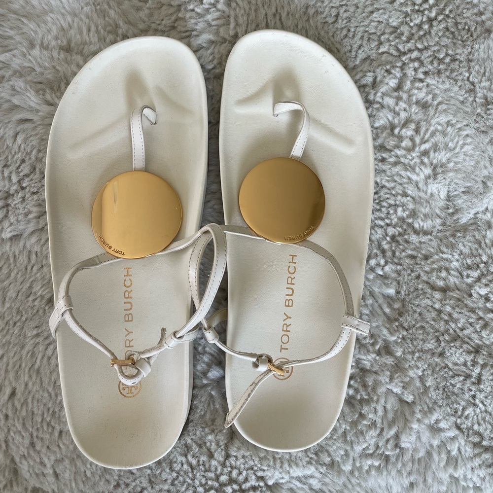 Tory Burch White Sandals with Gold Discs - Picture 2 of 4